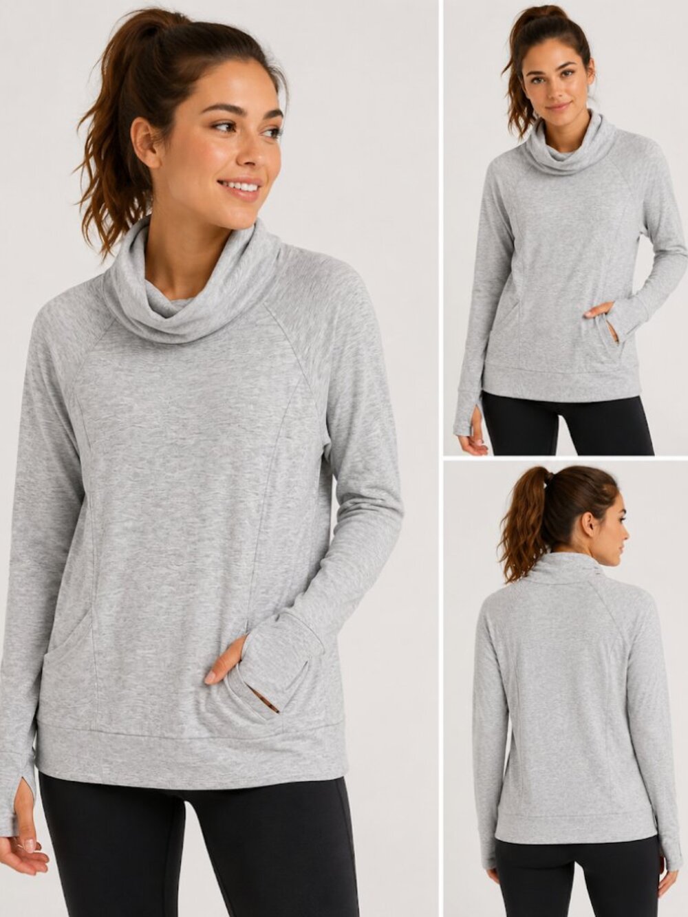 NWT Yogalicious Cozy Heather Grey Cowl Neck Pullover Top - Size Large
